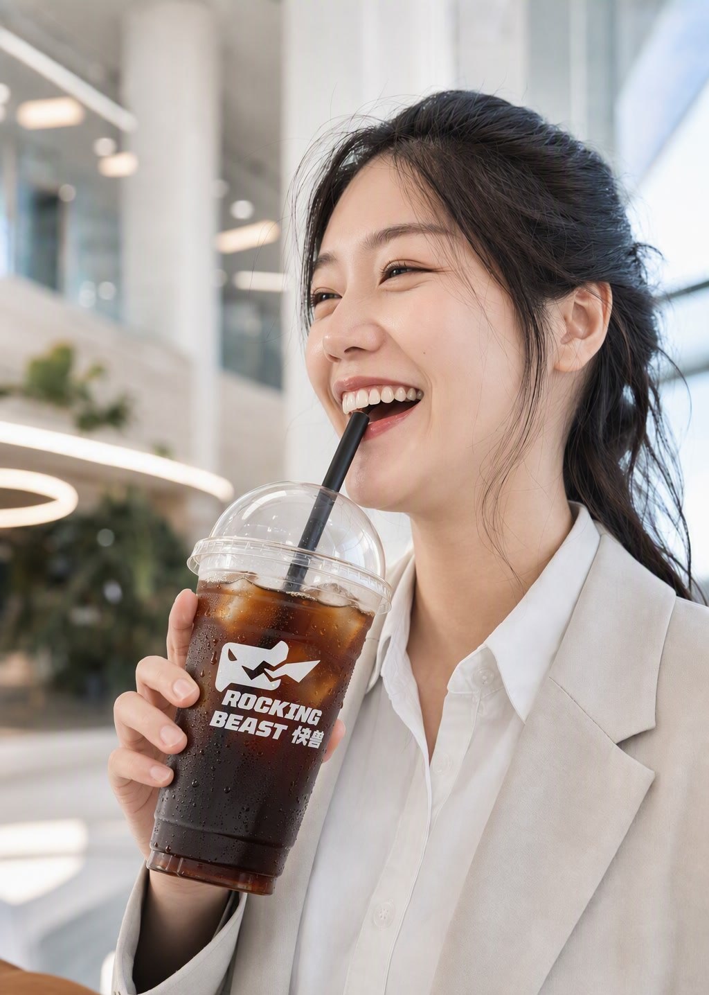 白领女性开心饮用快兽咖啡超大杯特写
