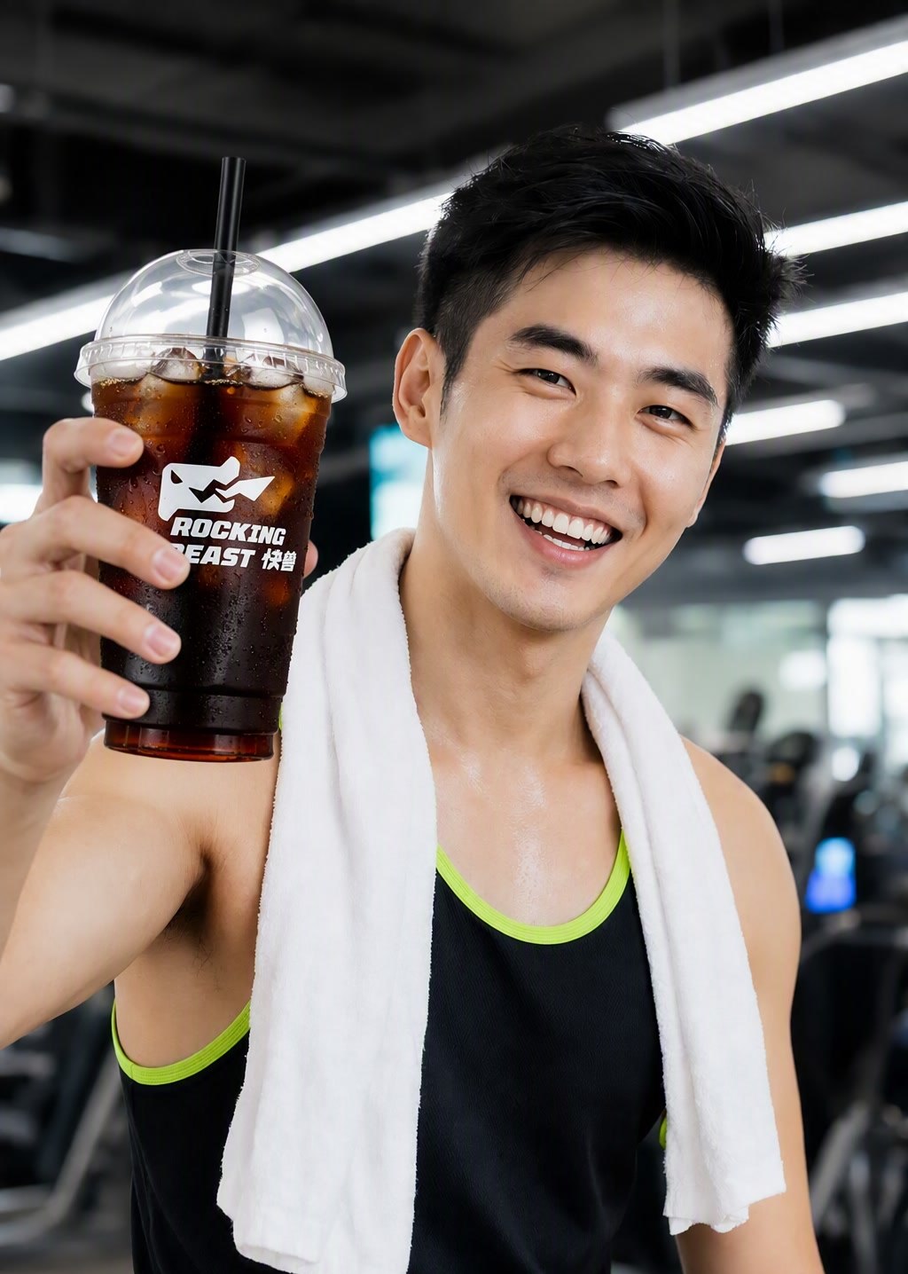 健身男性举着快兽咖啡超大杯特写