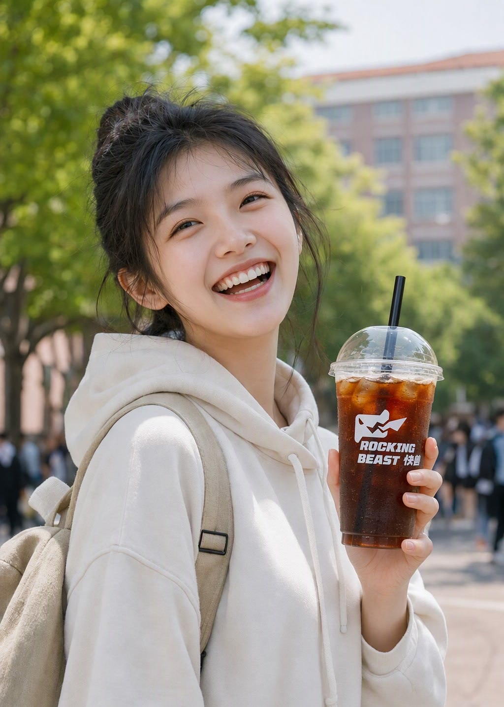 女大学生开心举着快兽咖啡超大杯特写